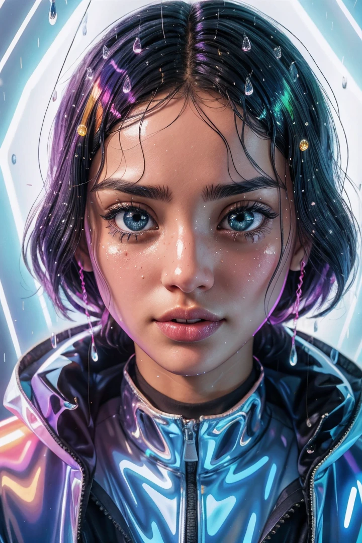 crying sexy girl, big eyeys,extreme close-up, explore the girl of light and reflections in minimalist, wearing transparent rain coat,fluorescent hologradphic,body,colorful background