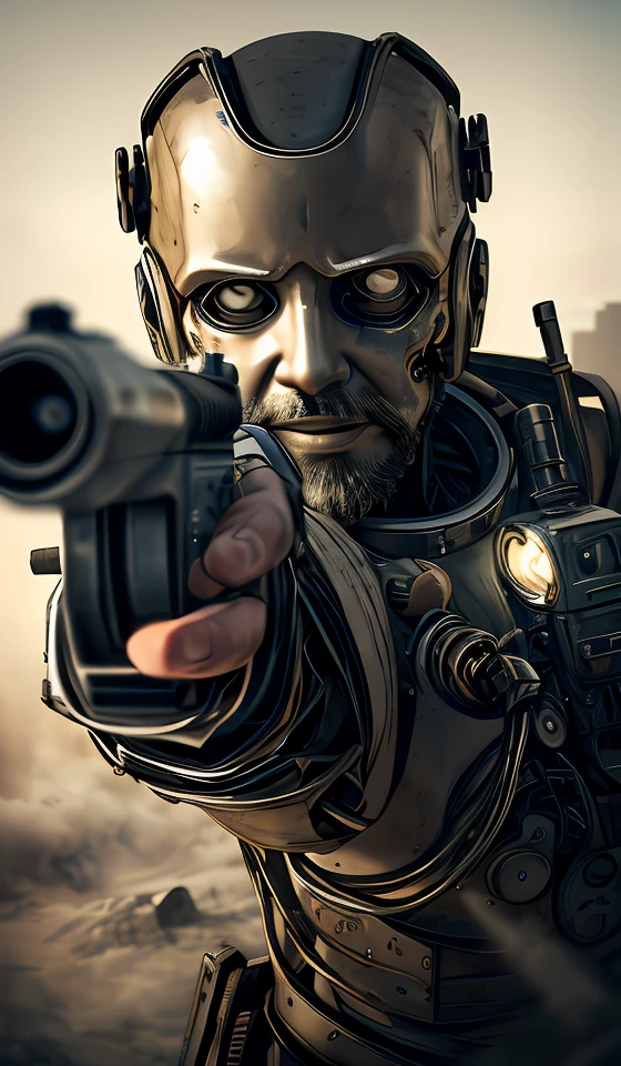 looking at viewer,aiming,aiming at viewer,handgun,onehand holding handgun,firing at viewer,men with long beard,Semi mechanical, solo,portrait512 Cyborg512 Tay512,electronics, motors, wires, buttons,intricate detail,lcd,,wasteland,ruin,dusty,dry,space, intricate, grand scale, alone, cinematic film still, insane detail, sharp focus, depth of field, realistic lighting, (realistic perspective), complex, (multiple subjects), 4k HDR, <lora:add_detail:0.5> <lora:more_details:0.25> <lora:FantasyWorldV1:0.25>