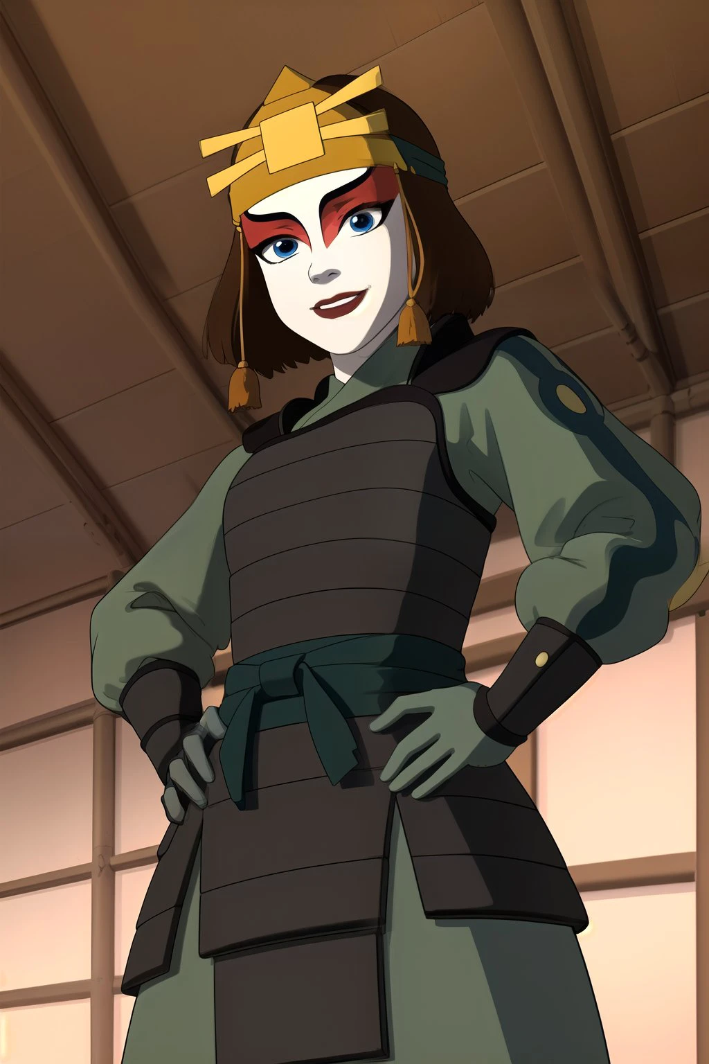 (masterpiece), (best quality), (ultra highres),
dojo, indoors,
<lora:suki:0.8>, 1girl, suki, brown hair, blue eyes,
kyoshiwarrior, makeup, lipstick, headband, green armor, long sleeves,
yellow circle patch
proud, smile,
hands on hips,
from below, looking at viewer, eye contact,
nice hands, perfect hands <lyco:GoodHands-beta2:1>