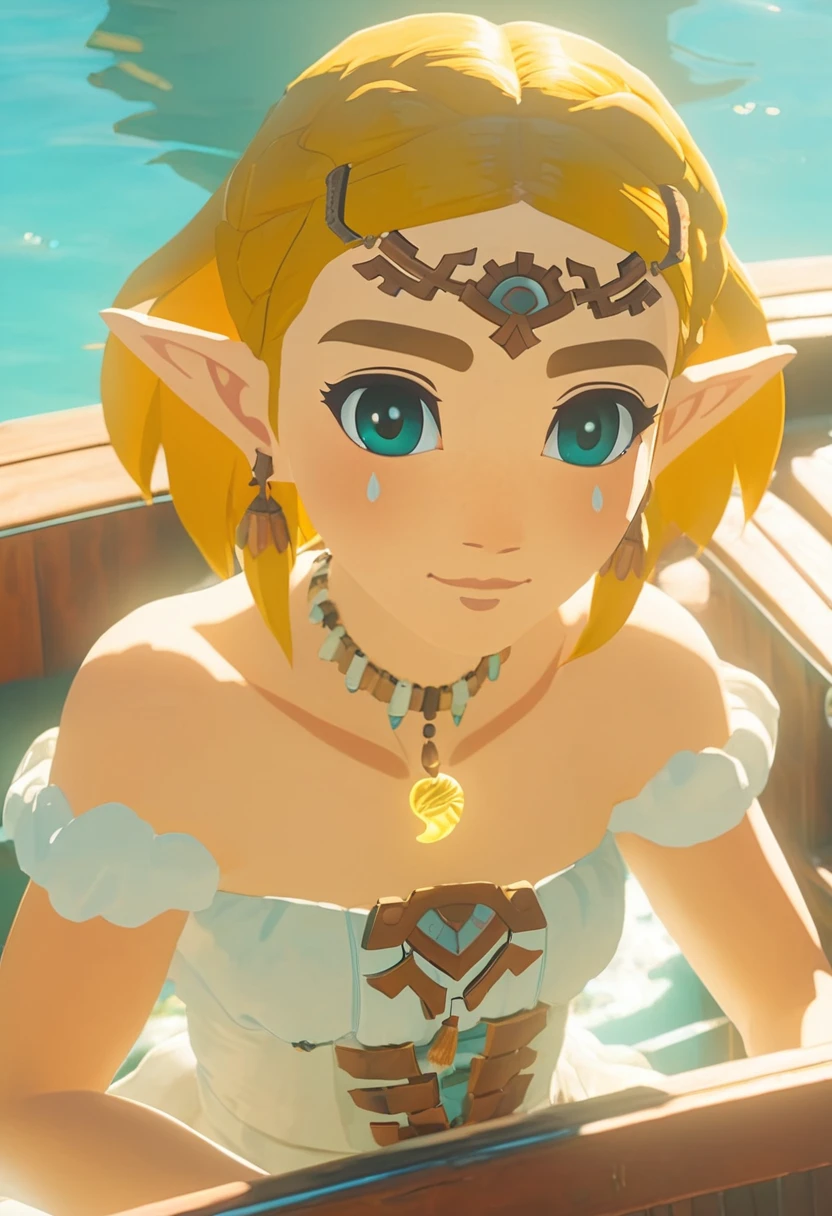cinematic film still of a cute totkzelda,1girl,detailed wearing organza puffy dress, short hair, bare shoulders, solo,spread deep cleavage,leaning forward,
detailed eyes,detailed bond hair, (detailed White skin),(detailed light skin), medium breasts, (sunlight),(soft lighting),(soft pastel colors)(vivid color),(volumetric), detailed background,sitting on boat,from above,sunny day,light smile,
35mm film, sharp focus, canon f2.8 aperture, <lora:xl_totkz:0.75>
