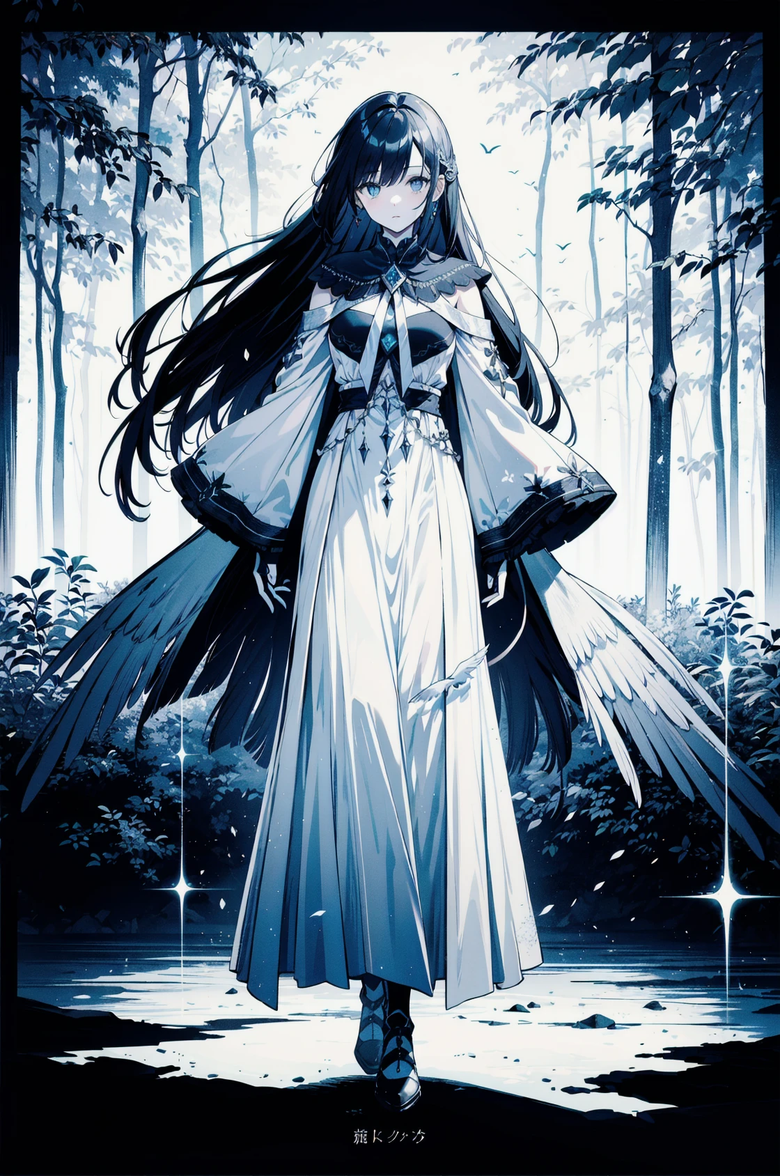 (Composition) A girl standing in the forest. (Girl) long silver hair, looking at the left side. girl looking at bird on her hand. white clothes, light side, (background) The forest is fantasy, a few birds, sun shine, glitter, high contrast. (detail) ultra detailed, masterpiece, detailed eye, full body shot, 16k