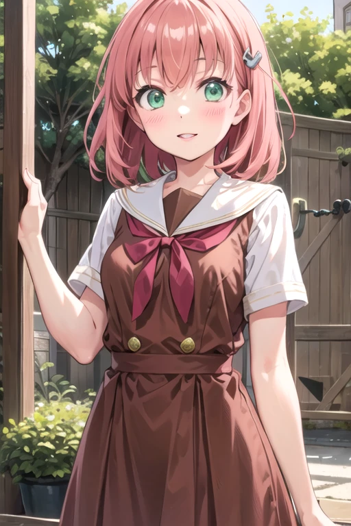 (masterpiece, best quality, ultra-detailed), (illustration), (beautiful detailed eyes), <lora:kaho_v2:0.66>,hinoshita kaho, (1girl), smile, parted lips, blush, (solo), pink hair, (short hair), green eyes, hairpin, small breast, brown dress, school uniform, brown sailor collar, red neck ribbon, standing, backyard,