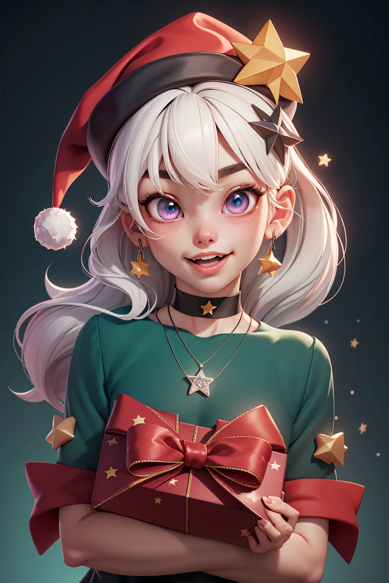 3dmm style,
1girl, american_flag, aqua_background, book, chalkboard, choker, christmas, christmas_ornaments, christmas_tree, fake_facial_hair, gradient, gradient_background, green_background, hat, hexagram, holding, holding_book, merry_christmas, open_book, open_mouth, pentagram, saint_quartz_\(fate\), santa_hat, shikigami, solo, star-shaped_pupils, star_\(symbol\), star_choker, star_earrings, star_hair_ornament, star_hat_ornament, star_necklace, star_of_david, star_pasties, star_print, starfish, starry_background, wand, white_hair
