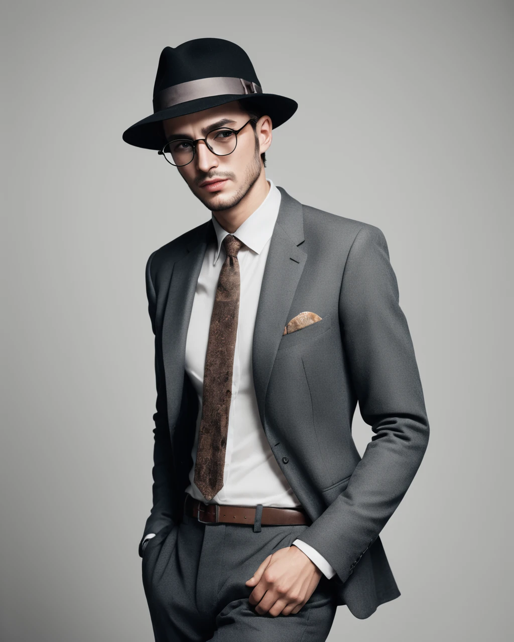 a man with a hat and glasses wearing a suit , fashion photography