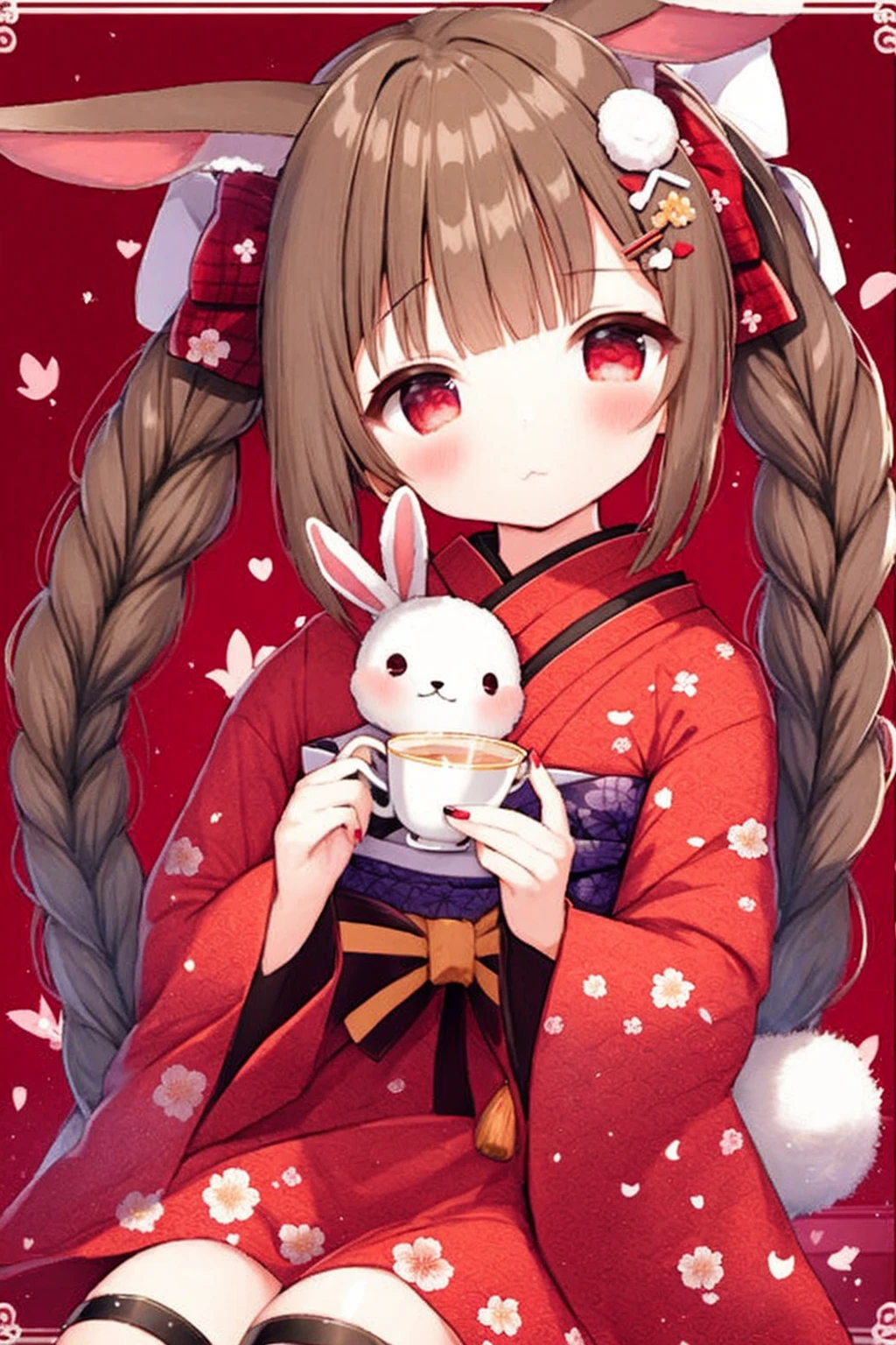food-themed hair ornament, bangs, brown hair, teacup, sitting, cup, rabbit, blunt bangs, twintails, red background, red kimono, rabbit hair ornament, colorfull, looking at viewer, japanese clothes, red bow, chinese zodiac, red theme, thigh strap, jewelry, animal ears, long hair, holding cup, hair ornament, solo, dress, rabbit ears, closed mouth, nail polish, hair bow, stuffed animal, white bow, braid, carrot hair ornament, hairclip, stuffed toy, blush, holding, plaid bow, plaid, kimono, heart, bow, twin braids, saucer, red eyes, 1girl, long sleeves, red nails
