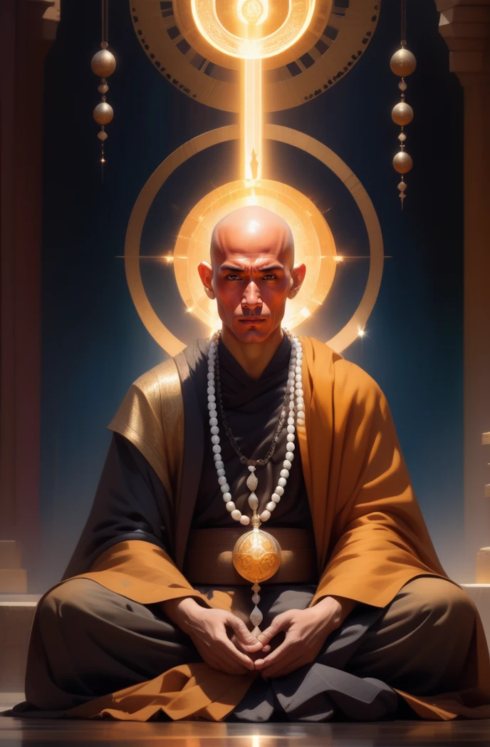 mysterious, fantasy, 1 monk wearing a giant rosary on his chest, beautiful eyes, bald head, sitting in meditation,halo in the back, abstract background
<lora:offset_0.2:1>