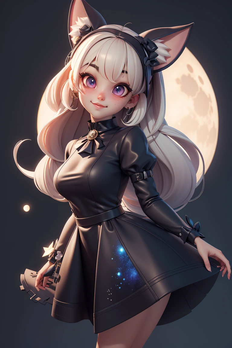 3dmm style,
(masterpiece, best quality:1.4), midnight, cool, vivid, mesmerizing, 1girl, dress, dog ears, moon