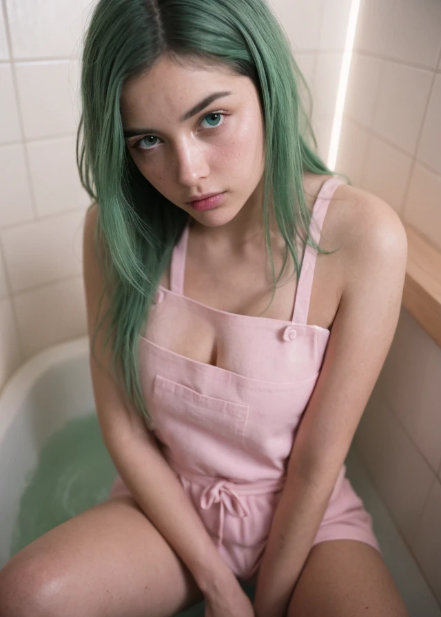 (pastel color:1.3), (High detail RAW Photo), a woman Sitting with one knee up, hand on knee in corner of her bathtub, wearing White Tiger print apron on t-shirt  shorts holding_tray , 1990s  \(style\), ((led strip lights)), (Xanthous and Thulian pink ambient:1.3) ((close up:0.7)), (extremely detailed skin, photorealistic, heavy shadow, dramatic and cinematic lighting, key light, fill light), sharp focus, film grain, grainy, cinematic, imperfect skin, fabrics, textures, detailed face, detailed skin, warm colors NaturalHand2-3500, (pale green hair,  messy hair:1.3),, (pastel color:1.3), (High detail RAW Photo), (extremely detailed skin, photorealistic, heavy shadow, dramatic and cinematic lighting, key light, fill light), sharp focus, film grain, grainy, cinematic, imperfect skin, fabrics, textures, detailed face, detailed skin, detailed fingers, warm colors NaturalHand2-3500,