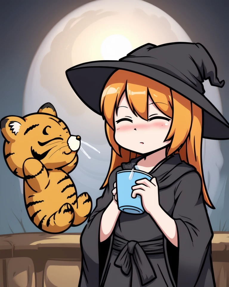 masterpiece, <lora:girl_and_tulpa_v1:0.7>, 1woman with her tulpa chibi tiger, (drinking strong_zero:1.2), witch_hat, black robe