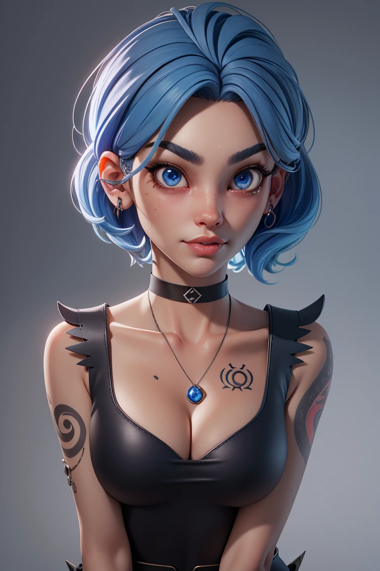 3dmm style,
(Masterpiece: 1.5), (Best Quality: 1.5),1girl, solo, tattoo, blue hair, breasts, choker, cleavage, makeup, grey background, simple background, parted lips, upper body, lips, blue eyes, realistic, short hair, collarbone, bare shoulders, lipstick, medium breasts, nose, eyeshadow, ultra-high details, perfect face, perfect eyes, subsurface scattering,3D realistic work, ultra high detail, 4k, octane rendering