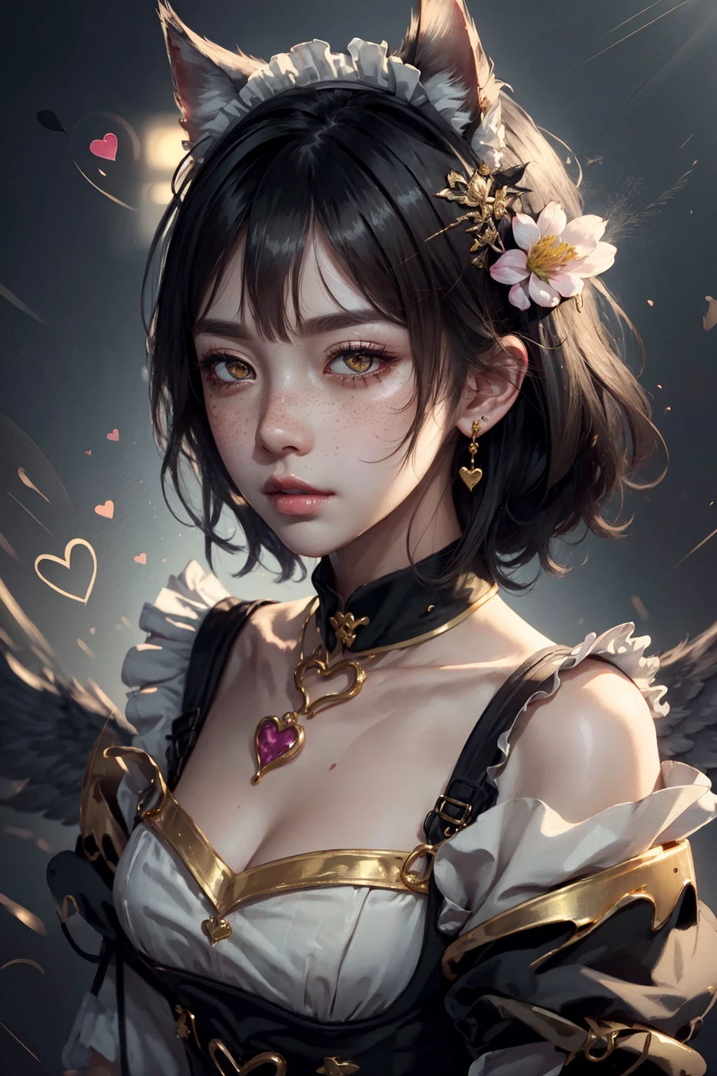 detailed, masterpiece, intricate details, extreme details, detailed, detailed background, blush, shiny, shiny clothes, shiny hair, freckles, white eyes, maid, gold eyes, cafe, flower on hair, black hair, heart, wings, <lora:CatgirlMaidV1.0-000003:.75> CatgirlMaid, <lora:CyberpunkStyleV1:.85> PunkAI