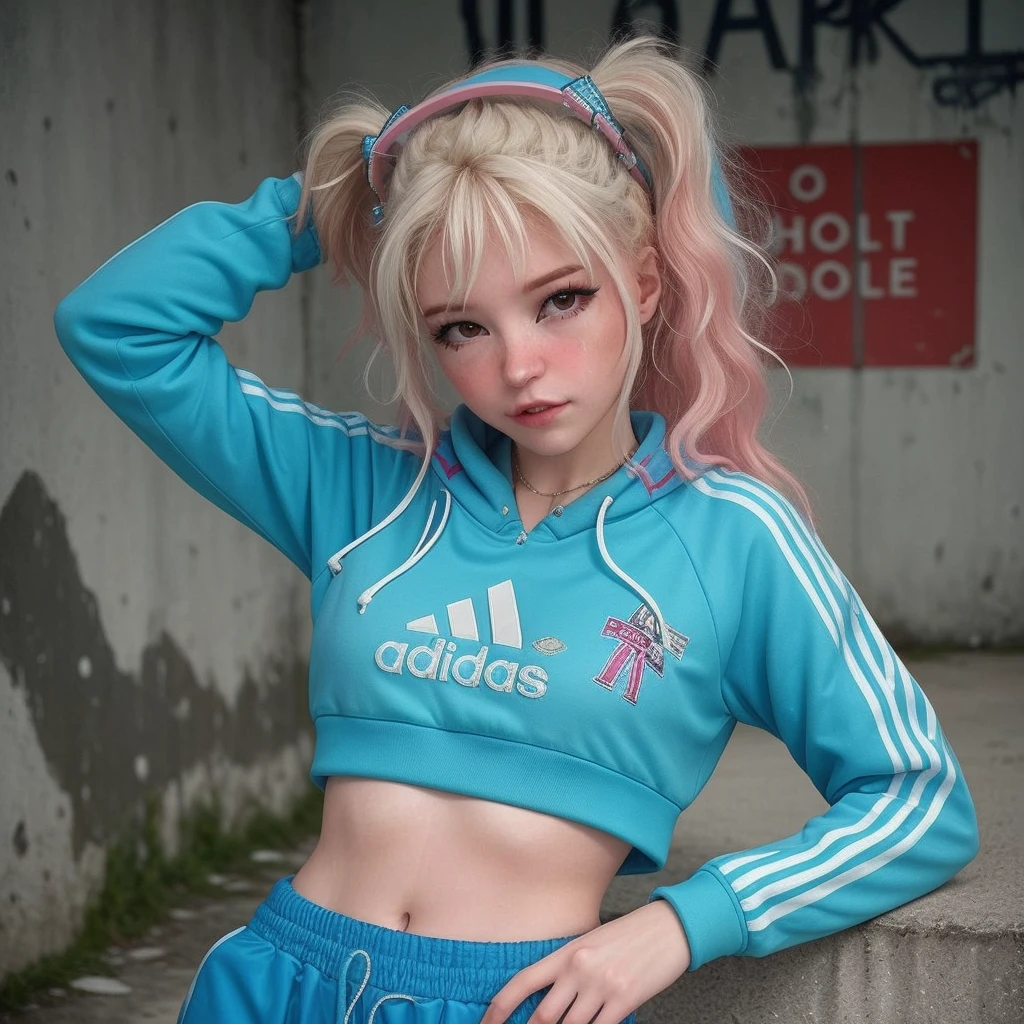 by Jean Michel Basquiat,a cyborg girl, <lora:DI_belle_delphine_v1:1> BREAK Girl wearing Adidas sportsuit, sporty and rich, 80s, vintage photography