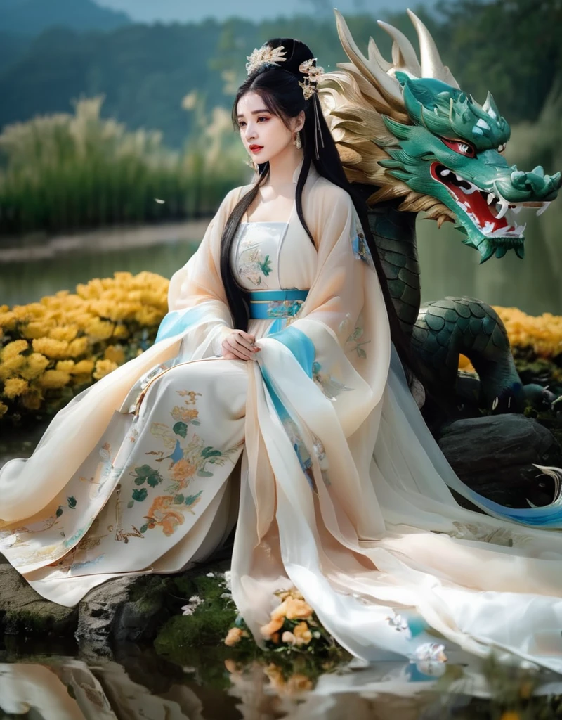 ( fantasy :1.3 ) ,masterpiece, best quality, mysterious, giant eastern dragon behind a girl, solo, black hair, chinese clothes, closed mouth, dress, flower, full body, hair ornament, hanfu, holding, jewelry, long hair, long sleeves, sit, sitting on the ground, solo, nature, white dress <lora:offset_0.2:1>