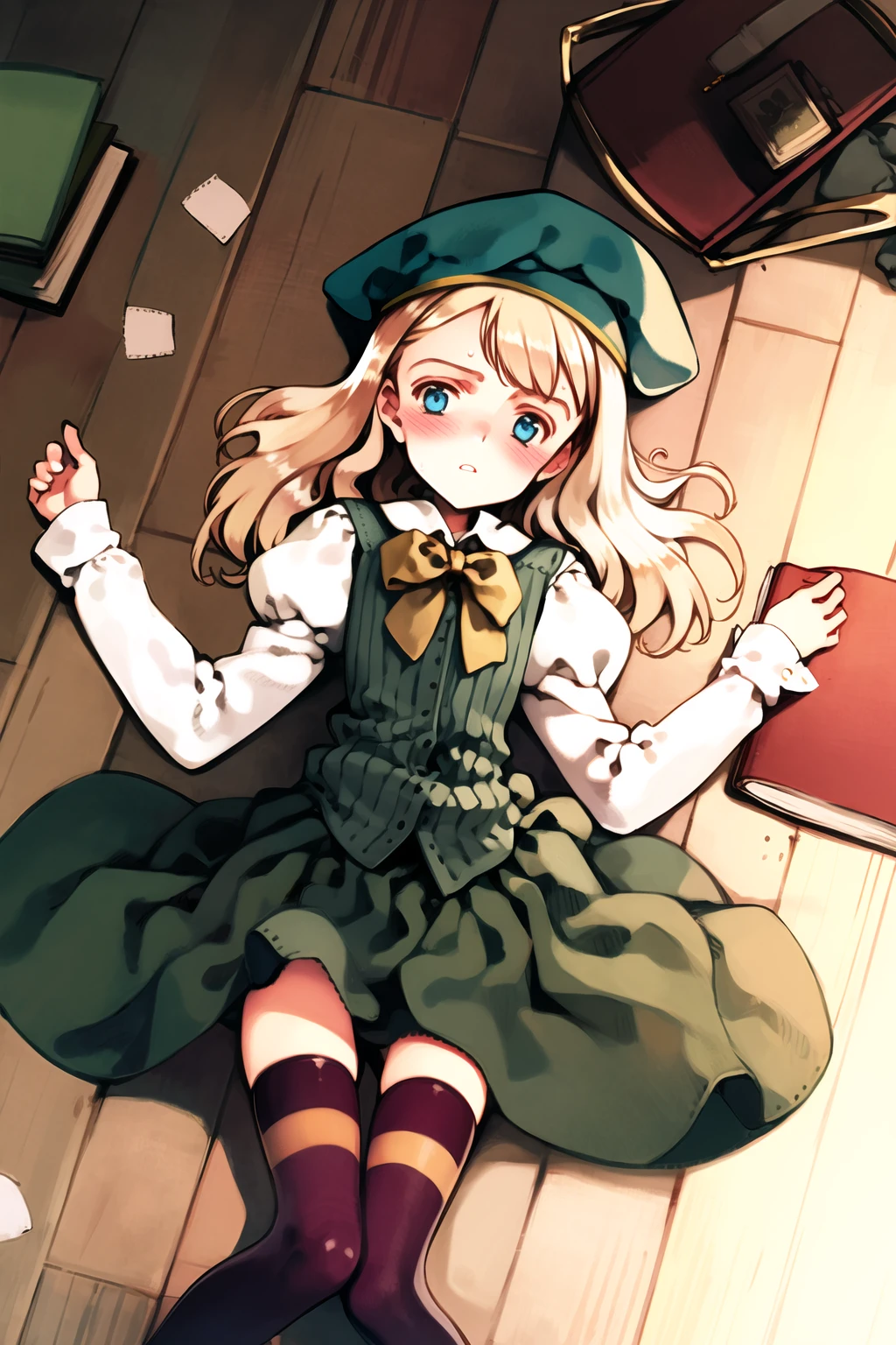 ((masterpiece, high quality, best quality)),
1girl, thighhighs, blush, wavy hair, puffy long sleeves, long hair, lying, on back, blonde hair, solo focus, bowtie, blue eyes, looking at viewer, dress, striped, shirt, pov, hair spread out, zettai ryouiki, buttons, skirt, from above, beret, white shirt, paper, sweat, headwear removed, shadow, v arms, brown bow, on floor, vertical stripes, embarrassed, book, bangs, parted lips, messy hair, black headwear, house,
<lora:ooyari-style_v1.0:1.0>