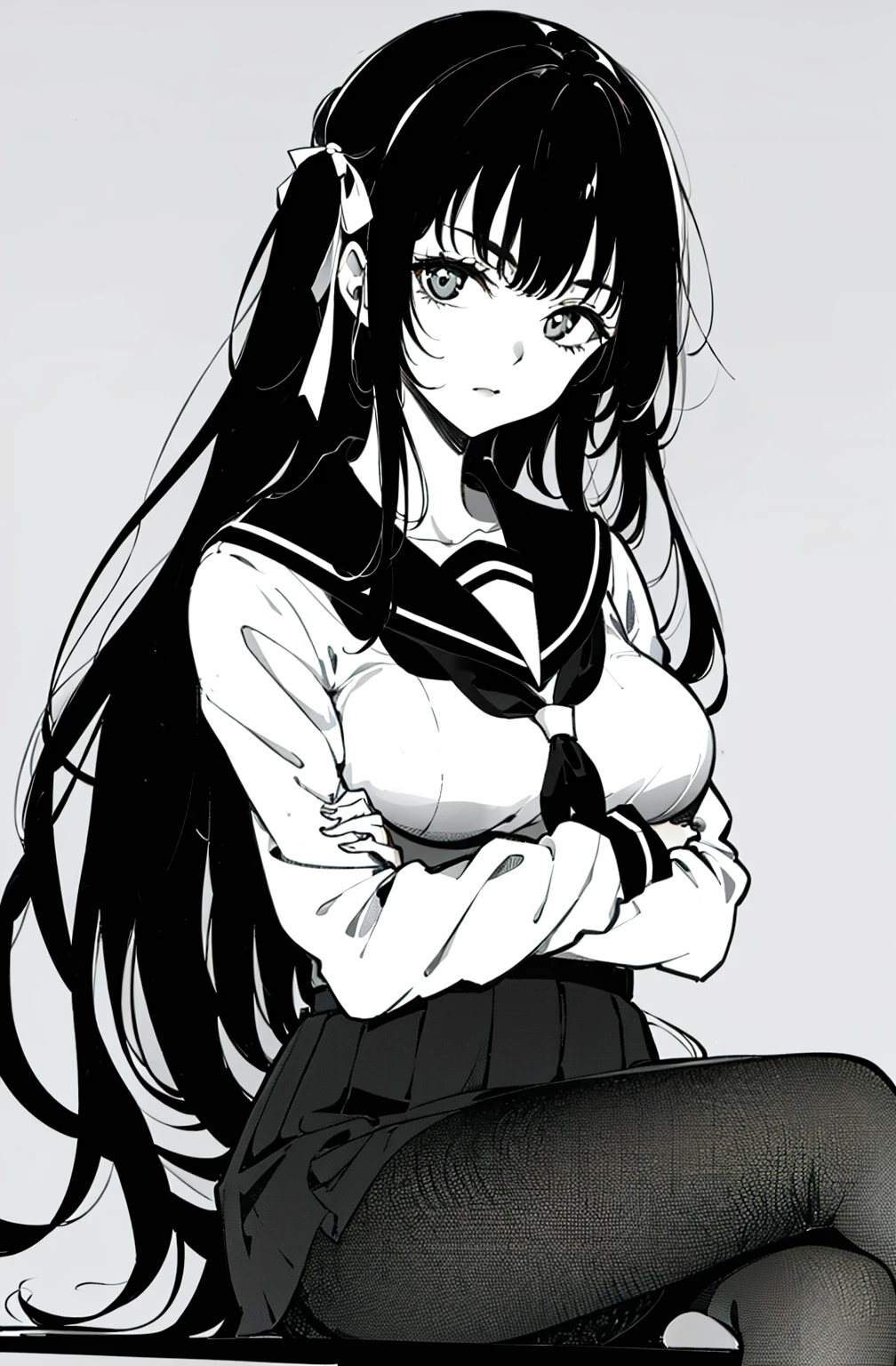 1girl, long_hair, monochrome, crossed_arms, solo, breasts, school_uniform, hair_ribbon, sitting, crossed_legs, greyscale, pantyhose, ribbon, serafuku, looking_at_viewer, long_sleeves, neckerchief, simple_background, bangs, very_long_hair, sailor_collar, eyebrows_visible_through_hair, white_background, medium_breasts, arms_under_breasts, breast_hold, skirt, fishnets, sleeves_past_wrists, closed_mouth <lora:style_Kiyokujiyo:1>