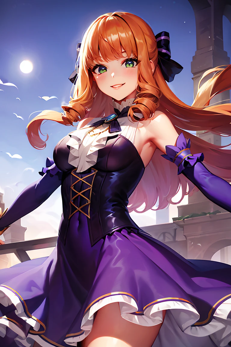 ((masterpiece,best quality)), absurdres, <lora:Guinevere_ML:0.7>, Guinevere_ML, solo, smiling, long purple dress, looking at viewer, cowboy shot, cinematic composition, dynamic pose