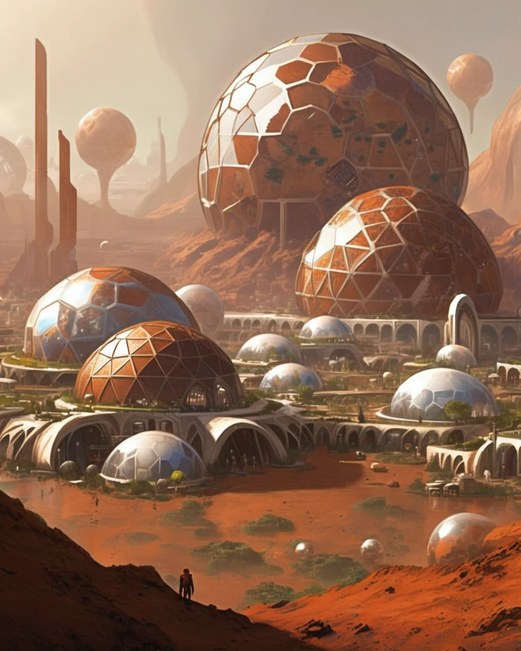 Massive geodesic domes protect a terraformed Martian city, with bustling markets and domed parks amidst the rusty landscape.<lora:Sci-fi_Environments_sdxl:1.0>