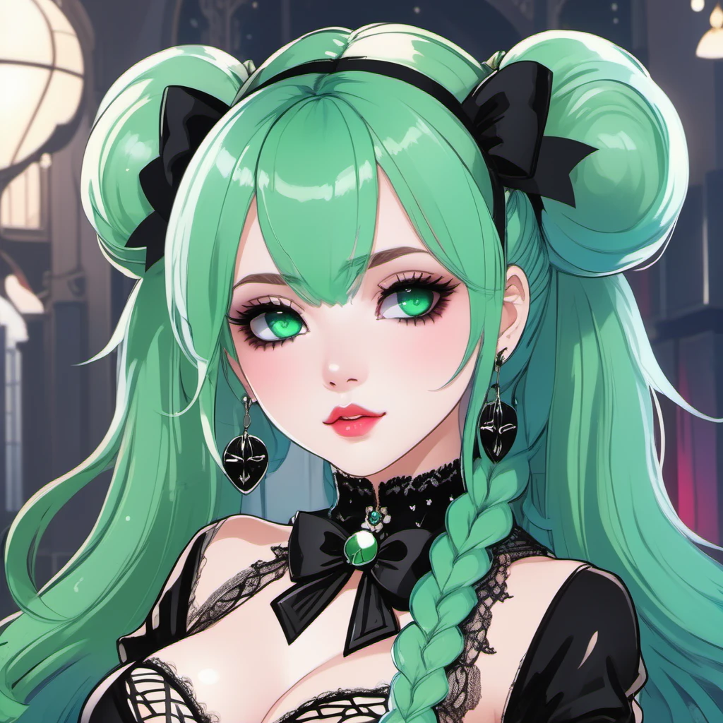masterpiece, best quality, 1girl, solo, long hair, twin tails, hair buns, multicolored hair,two-tone hair, white hair, green hair, black hair,bangs, makeup, black lips, lipstick, mascara, eyeshadow, cross necklace, hair bow, front bow, lace jacket, lace gloves, fishnets, black leggings, gothic attire, dynamic angle, side lighting, shiny skin, detailed eyes, detailed face,