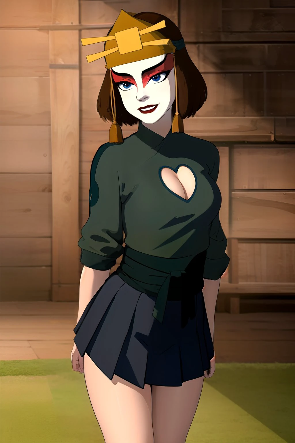 (masterpiece), (best quality), (ultra highres),
<lora:suki:1.0>, 1girl, suki, brown hair, blue eyes,
sexy, small cleavage, cleavage cutout, large breasts, green shirt, kyoshiwarrior
seductive smile, pleated skirt,