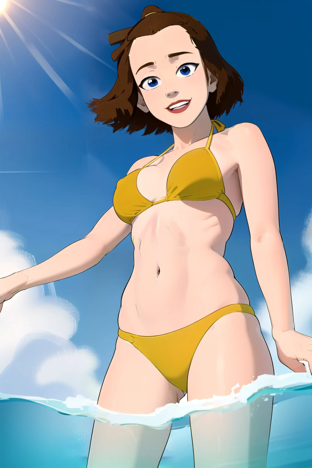 (masterpiece), (best quality), (ultra highres),
<lora:suki:1.0>, 1girl, suki, brown hair, blue eyes,
swimsuit, yellow bikini, beach, outdoors,
happy, smile,
from below,
standing in water
looking at viewer, eye contact,
sky, clouds, water,