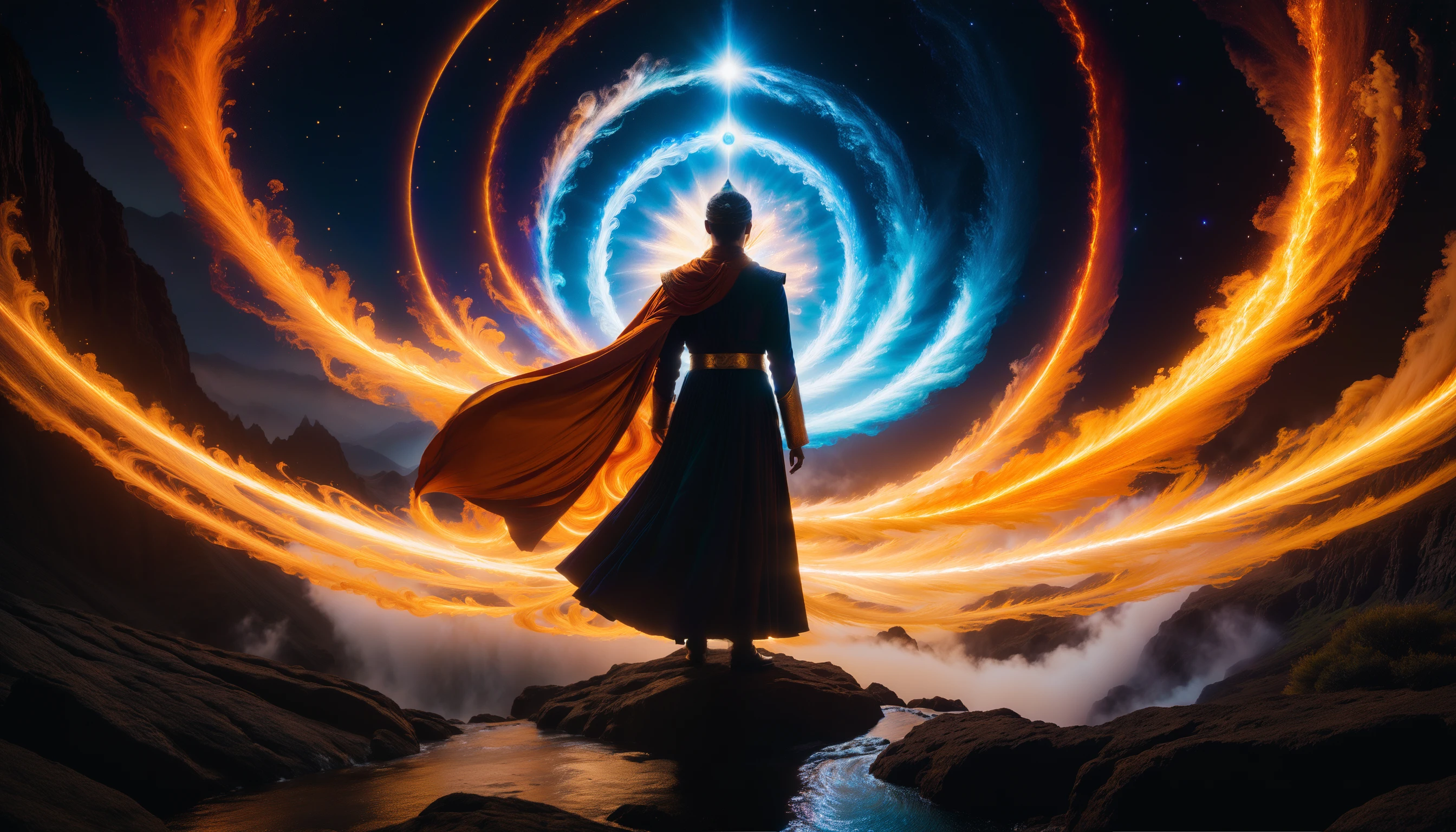 A wide shot from a soaring viewpoint of an elemental mage, encircled by a whirling fusion of water, earth, air, and fire, as they merge these elements into a spell of cosmic balance. They wear flowing robes that shift in color like the elements, standing atop a summit where the four elemental planes converge, masterpiece, best quality, (intricate details), (****), eldritch, glow, glowing eyes, volumetric lighting, unique pose, dynamic pose, dutch angle, 35mm, anamorphic, lightroom, cinematography, film grain, HDR10, 8k hdr, Steve McCurry, ((cinematic)), RAW, color graded portra 400 film, remarkable color