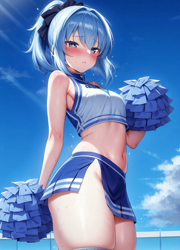 <lora:Mda_Starou-97:1> ,masterpiece,1girl,mda_starou, cowboy shot, short blue hair, ponytail, cheerleader, midriff,sleeveless, skirt, blue pom pom \(cheerleading\), sweat, blush,detailed background, sky, thick thighs, white thighhighs, no panties