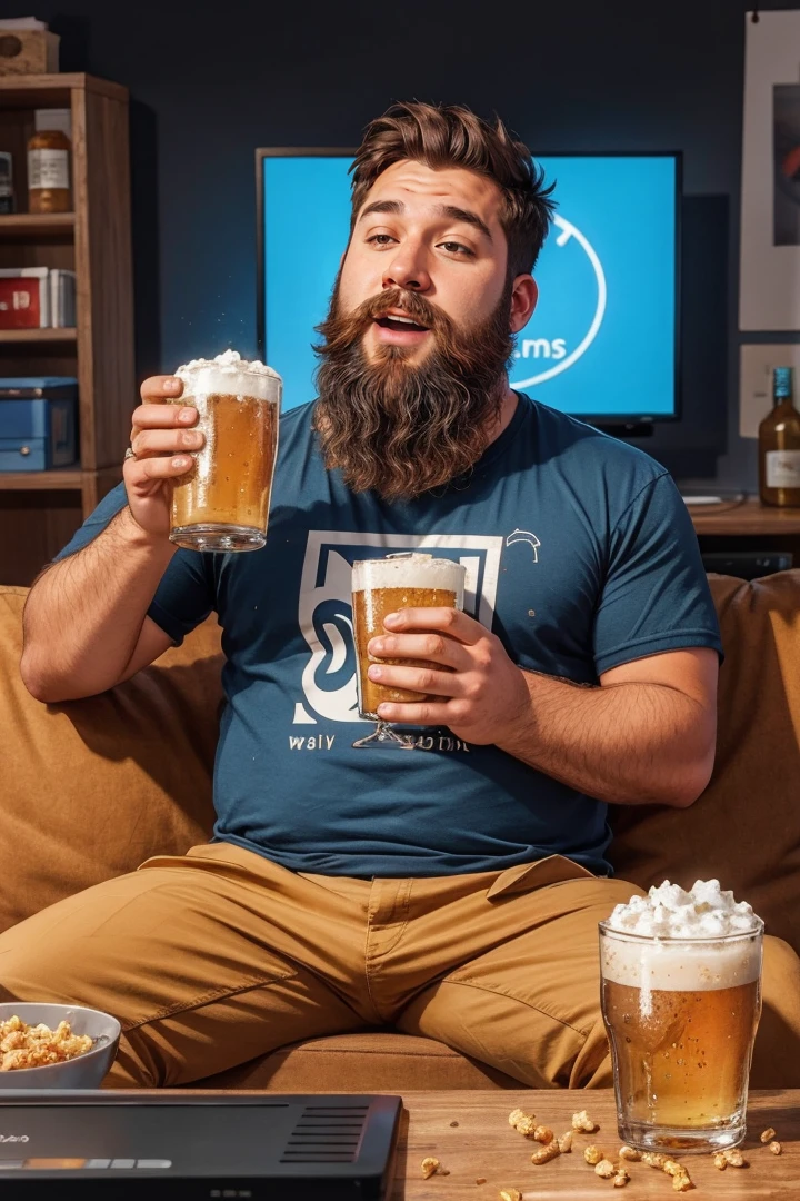 a lazy man with a beard made of pop corn and drinking beer in front of the tv. Messy flat
