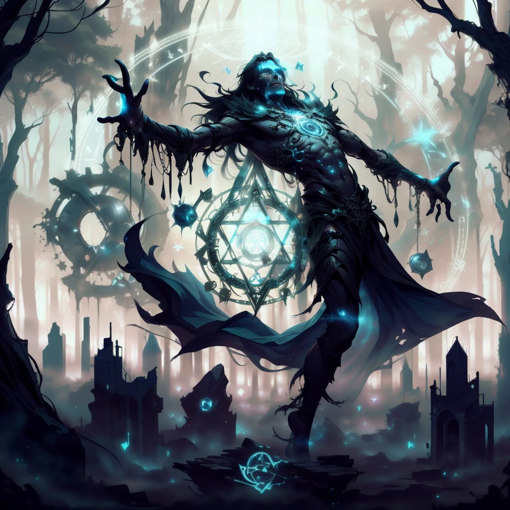 <lora:EntropyMagic-20:0.8>, fantasy,   dissolving, decay,   magic enchantment,
upper body,   long hair, 1boy, 
male mage  ,extending arm,  casting black magic , magic circle , forest , sunlight , <lora:GlyphTech-20:0.6> glyphtech , glyphs, hologram,  floor