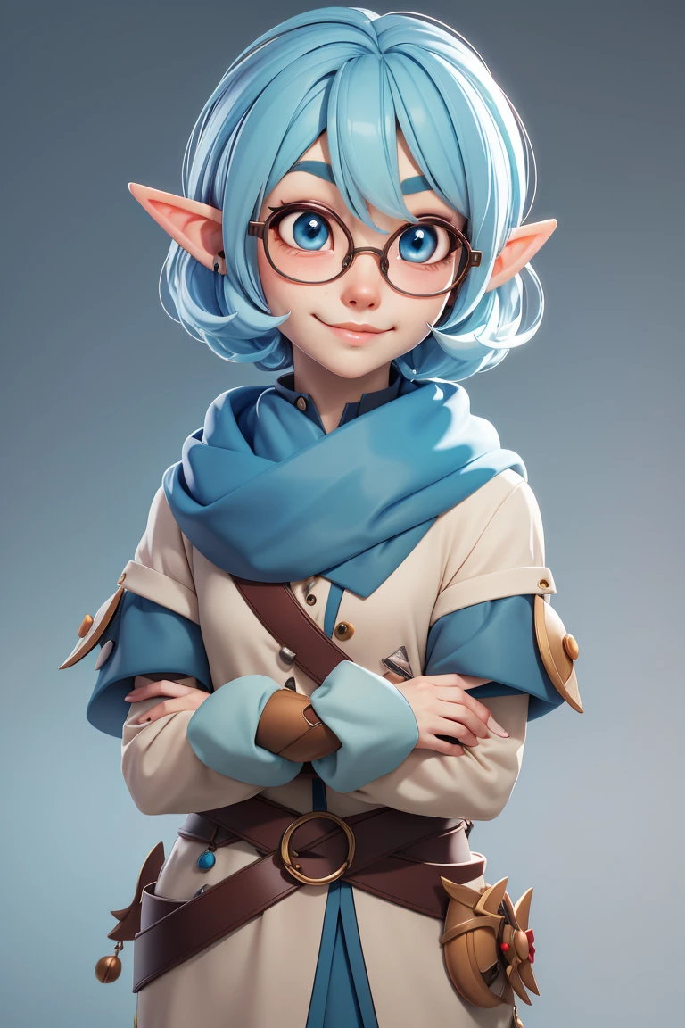 3dmm style,
(masterpiece, best quality:1.1), elf, light blue hair, glasses,anime , (smile:0.5)