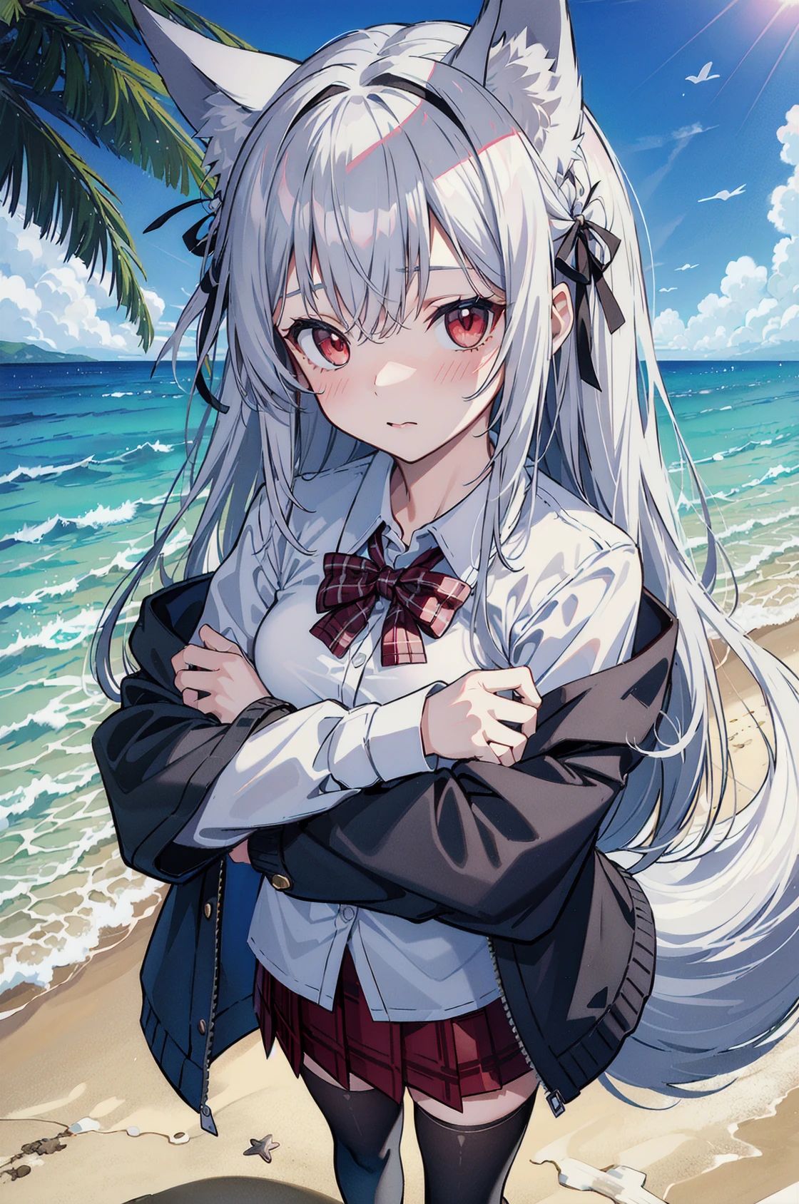 (((masterpiece portrait))), (((Ultra-detailed))), ((1girl)), wolf girl, gray hair, long hair, ((hair accessories)), collar, ((blue wolf ears)), (red eyes), medium breasts, (1wolf tail), ((plaid shirt:white)), plaid jacket, plaid skirt, thighhighs, beach, sky and clouds, wind, breeze, ((beautiful and delicated fabric)), depth of field, amazing, beach, palm trees, pov, blushing, full body, wet, ((incoming hug))