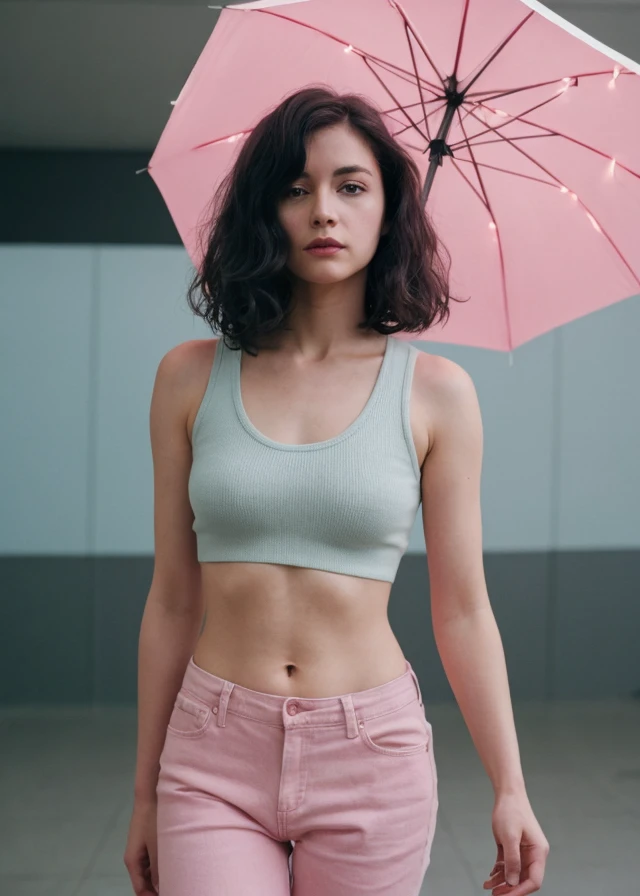 (pastel color:1.3), (High detail RAW Photo), a woman Pretending to hold a cute little umbrella in corner of her Airport, wearing tank top jeans pants bomber jacket , 1970s \(style\), ((led strip lights)), (Carnation pink and Timberwolf ambient:1.3) ((close up:0.7)), (extremely detailed skin, photorealistic, heavy shadow, dramatic and cinematic lighting, key light, fill light), sharp focus, film grain, grainy, cinematic, imperfect skin, fabrics, textures, detailed face, detailed skin, warm colors NaturalHand2-3500, (high chroma hair, spiralcurl hair:1.3),, (pastel color:1.3), (High detail RAW Photo), (extremely detailed skin, photorealistic, heavy shadow, dramatic and cinematic lighting, key light, fill light), sharp focus, film grain, grainy, cinematic, imperfect skin, fabrics, textures, detailed face, detailed skin, detailed fingers, warm colors NaturalHand2-3500,