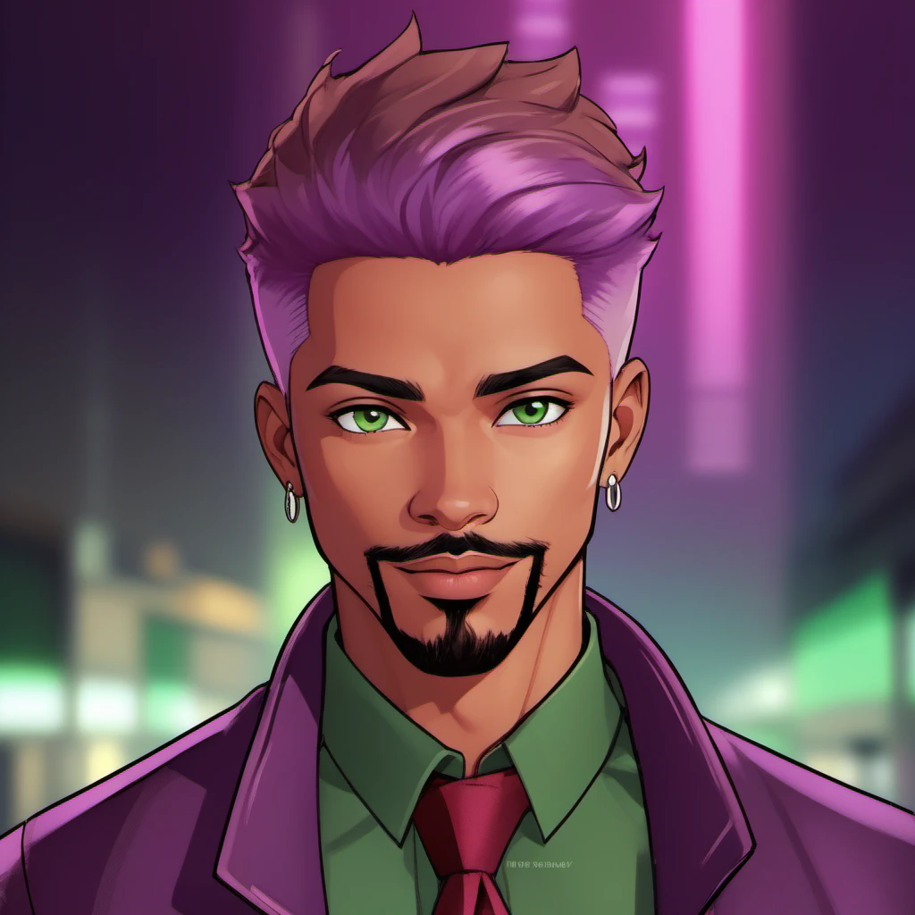 realistic, solo, 1boy, male focus, green eyes, light purple hair, stubble, goatee, maroon background, dark skinned male, tan skin, looking at viewer, lips, shirt, jacket, hyur, specular highlights, gradient