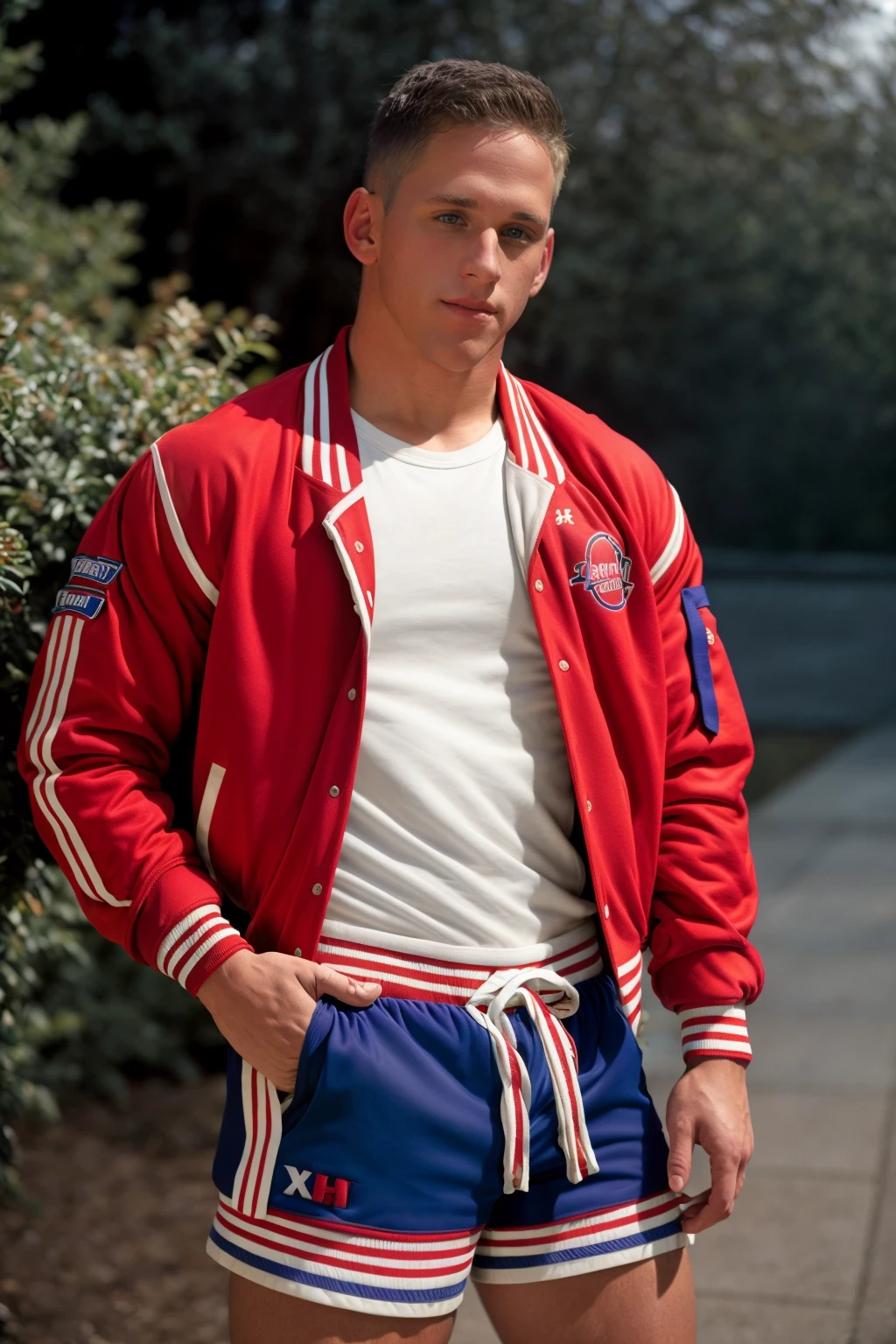 RAW photo, (male), 1boy, a photograph of jeremy_penn standing (varsity jacket shirt and shorts), <lora:Jeremy_Penn-09:1>, 8k uhd, dslr, soft lighting, high quality, film grain, Fujifilm XT3