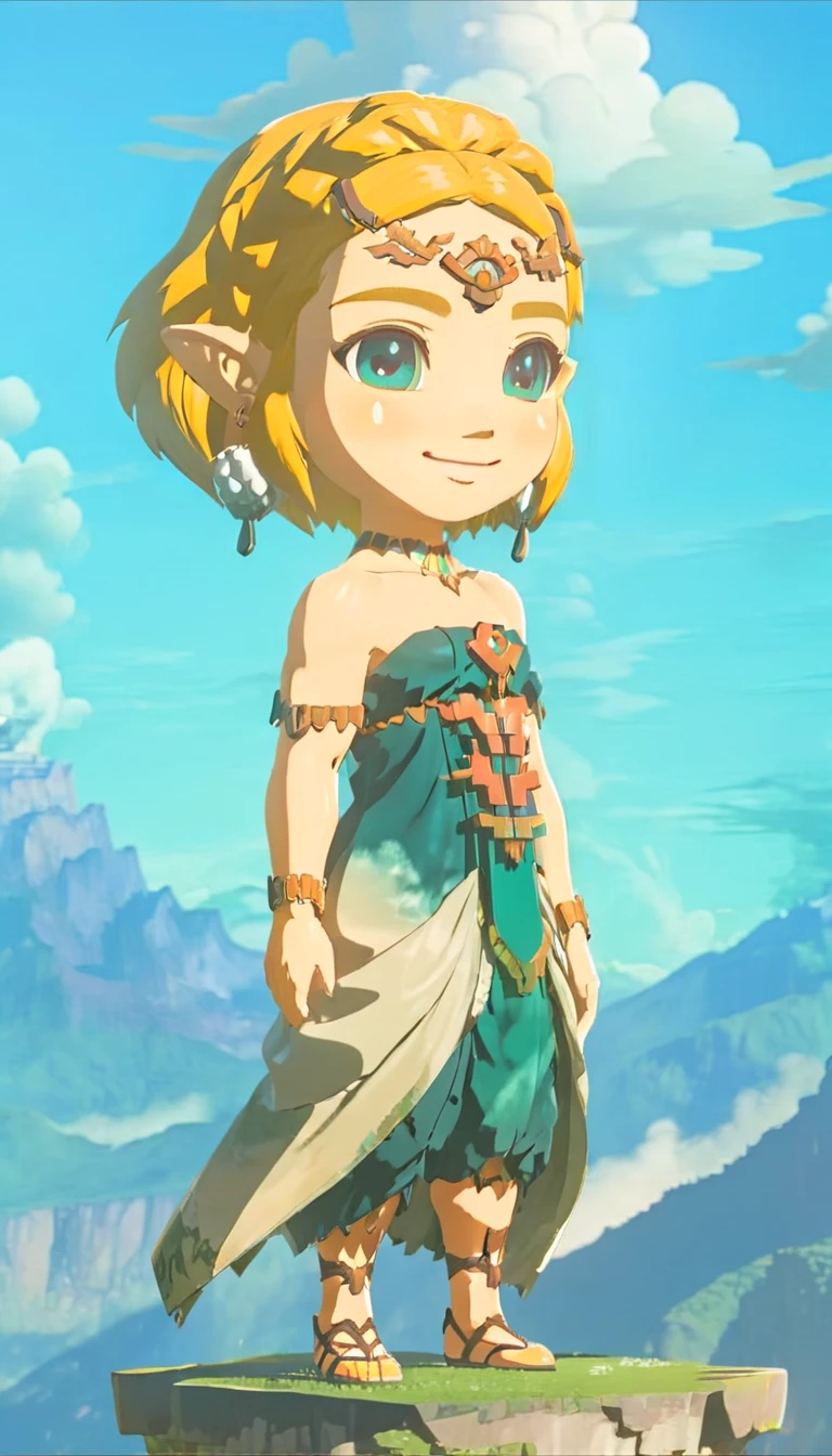 full body,zonai dress,totkzelda,1girl,solo,bare shoulders,flat chest,smiling,standing,mountain,sky,cloud,chibi, side view ,outdoors,short hair,
<lora:xl_totkz:0.9>anime photo, <lora:chibi:0.3>
