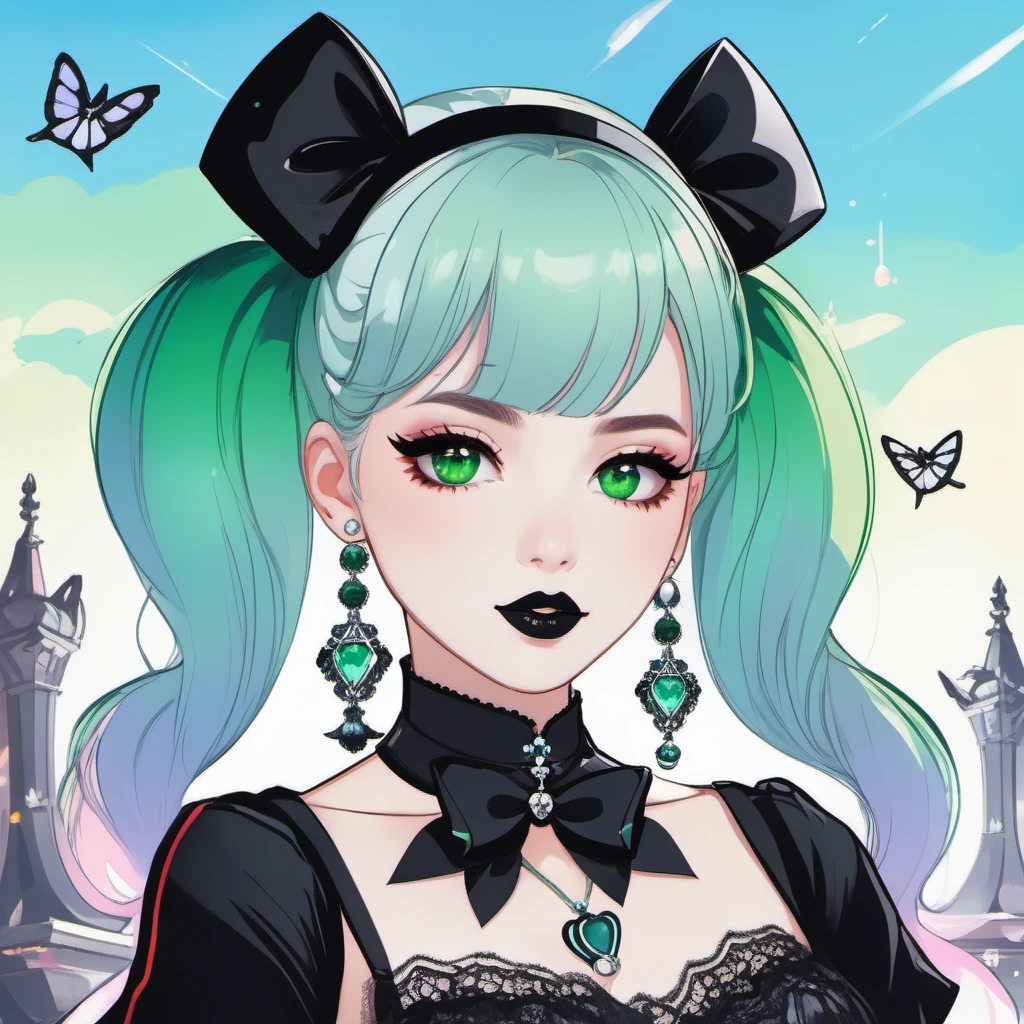 masterpiece, best quality, 1girl, solo, long hair, twin tails, hair buns, multicolored hair,two-tone hair, white hair, green hair, black hair,bangs, makeup, black lips, lipstick, mascara, eyeshadow, cross necklace, hair bow, front bow, lace jacket, lace gloves, fishnets, black leggings, gothic attire, dynamic angle, side lighting, shiny skin, detailed eyes, detailed face,