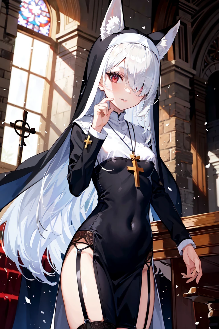 (masterpiece, best quality:1.3), 1girl, white fox ears, short height, (white hair:1.1), (very long hair), hair over one eye, red eyes, sharp eyelash, sharp eyes, small breast, nun cassock, black garter belt, small breast, cross necklace, church, cowboy shot, sidelighting, dymamic angle