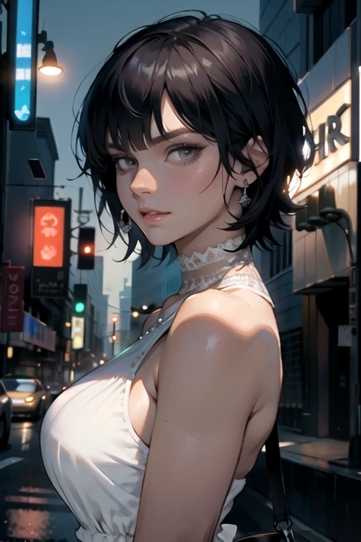 (8k, masterpiece, best quality, solo, sfw), ((Karin Spolnikova)), portrait, short haircut, (neat hairstyle), bang, grey eyes, (night dress), looking at camera, eyelines, eyeshadows, night city, <lora:Karin_Spolnikova_v5_0-10:0.75>, huge breasts:1.5