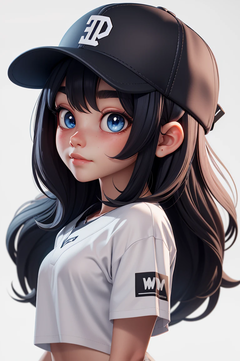 3dmm style,
1girl, bangs, baseball_cap, black_hair, black_headwear, blue_eyes, blunt_bangs, hat, long_hair, looking_at_viewer, shirt, simple_background, solo, white_background, white_shirt