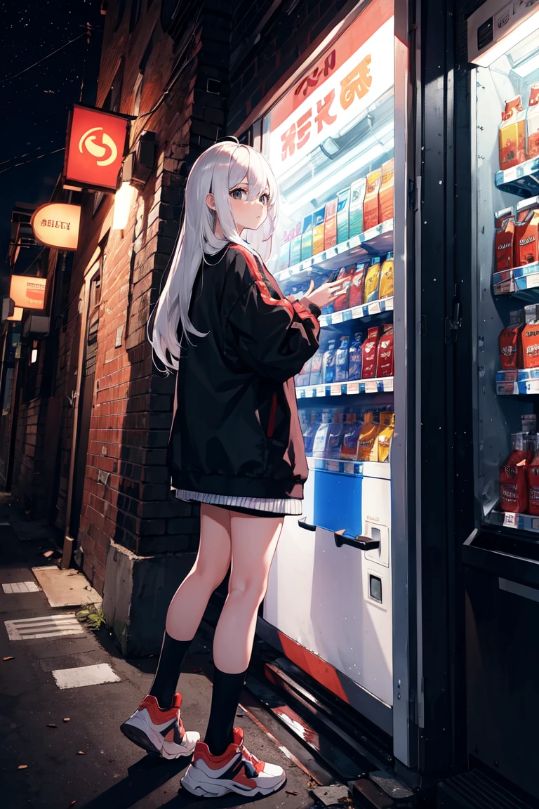 (masterpiece, best quality:1.3), <lora:GoodHands-beta2:1>, 1girl, <lora:clothesUpdate:MIDD>, white hair, very long hair, messy hair hair over eyes, black eyes, streetwear outfit, alley, vending machine, trash can, air conditioner, night sky, gloomy light, wide shot
