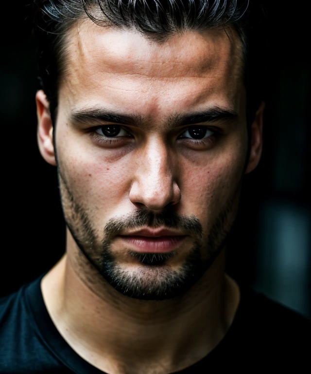 high quality, face portrait photo of 30 y.o european man, wearing black shirt, serious face, detailed face, skin pores, cinematic shot, dramatic lighting