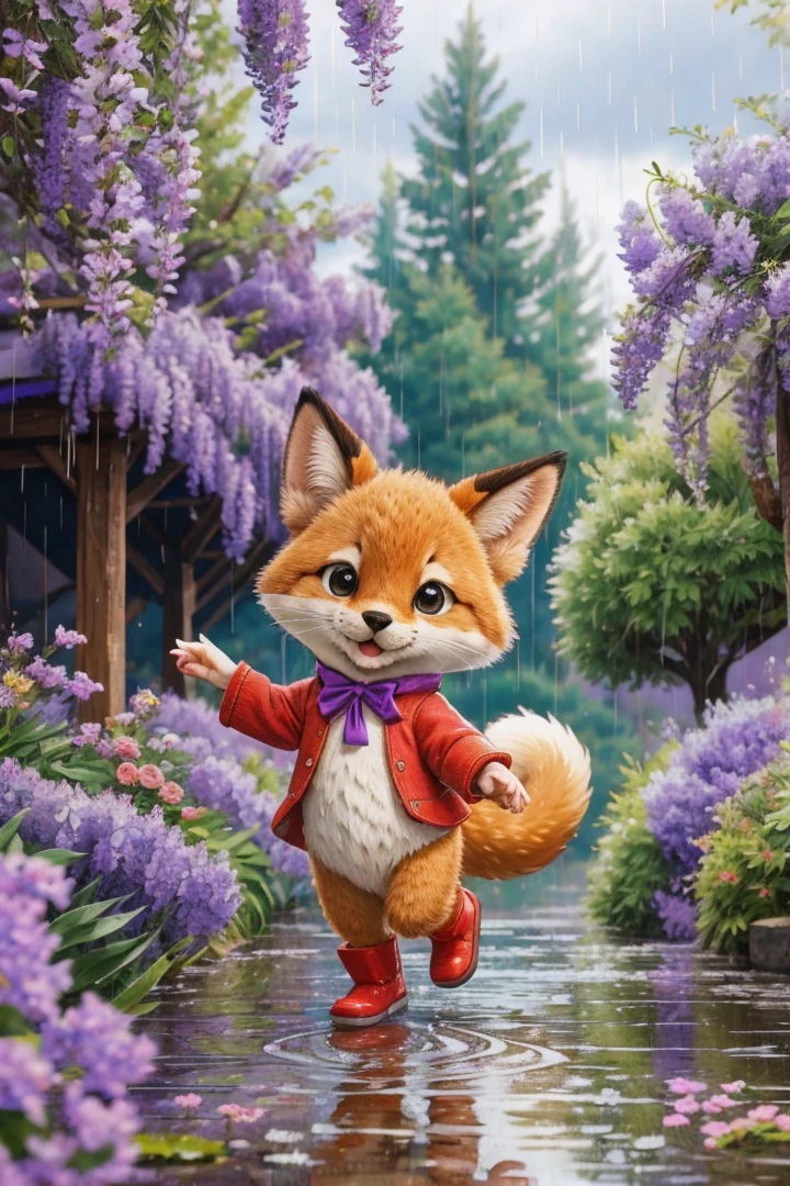 (dynamic pose:1.2),(dynamic camera),masterpiece, Whimsical adorable character, wide shot, extremely cute tiny fox going on adventure in the rain, beautiful scenery, wisteria flowers, spring time, red rain boots, big eyes, award winning