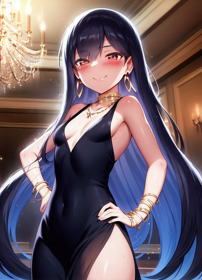 <lora:Mda_Starou-97:1> ,masterpiece,1girl,mda_starou, dress, side slit, necklace, bracelet, hoop earrings, very long hair, black hair, small breasts, hand on hip, smile, blush, ballroom, chandelier