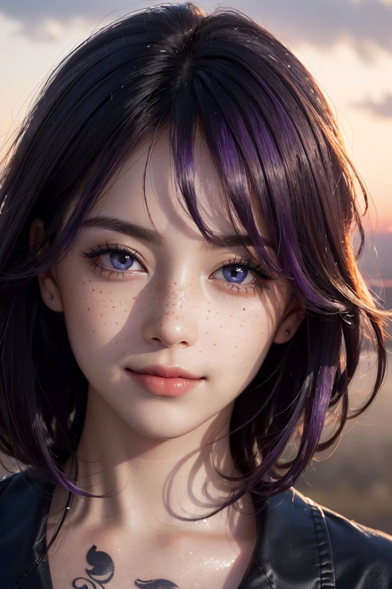 (((closeup, face, focus, blur background, detailed eyes))), purple eyes,
masterpiece, realistic, photorealistic, beautiful woman, detailed, extreme details, high res, shiny, shiny hair, shiny skin, shiny clothes, cinematic,
sunset lighting, freckles, slight smile, clouds, purple hair, tattoos