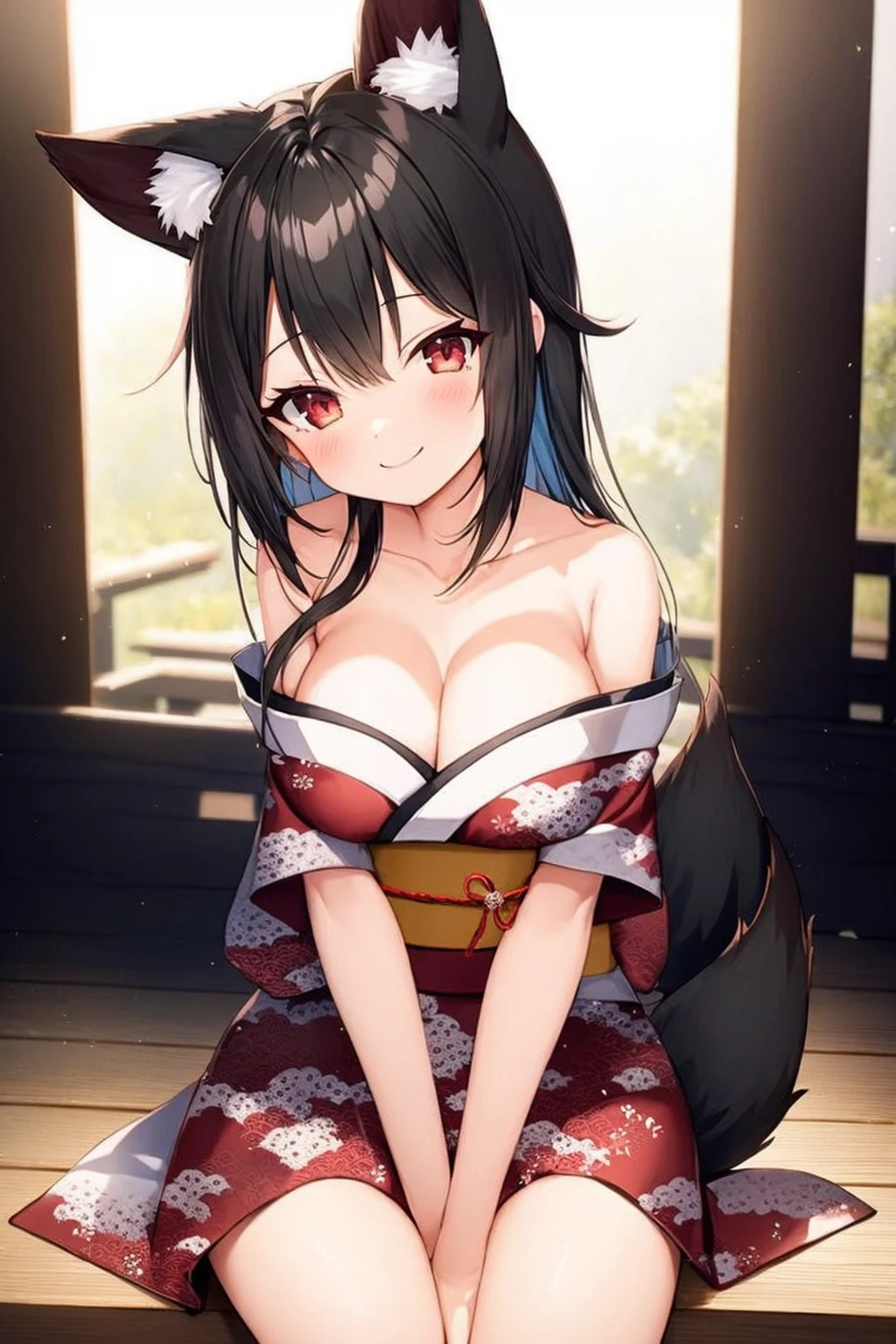 1girl, breasts, large breasts, fox ears, black hair, red eyes, ribbon, kimono, japanese clothes, light smile, bare shoulders, detached sleeves, cleavage, collarbone, sitting, ribbon, hair ornament