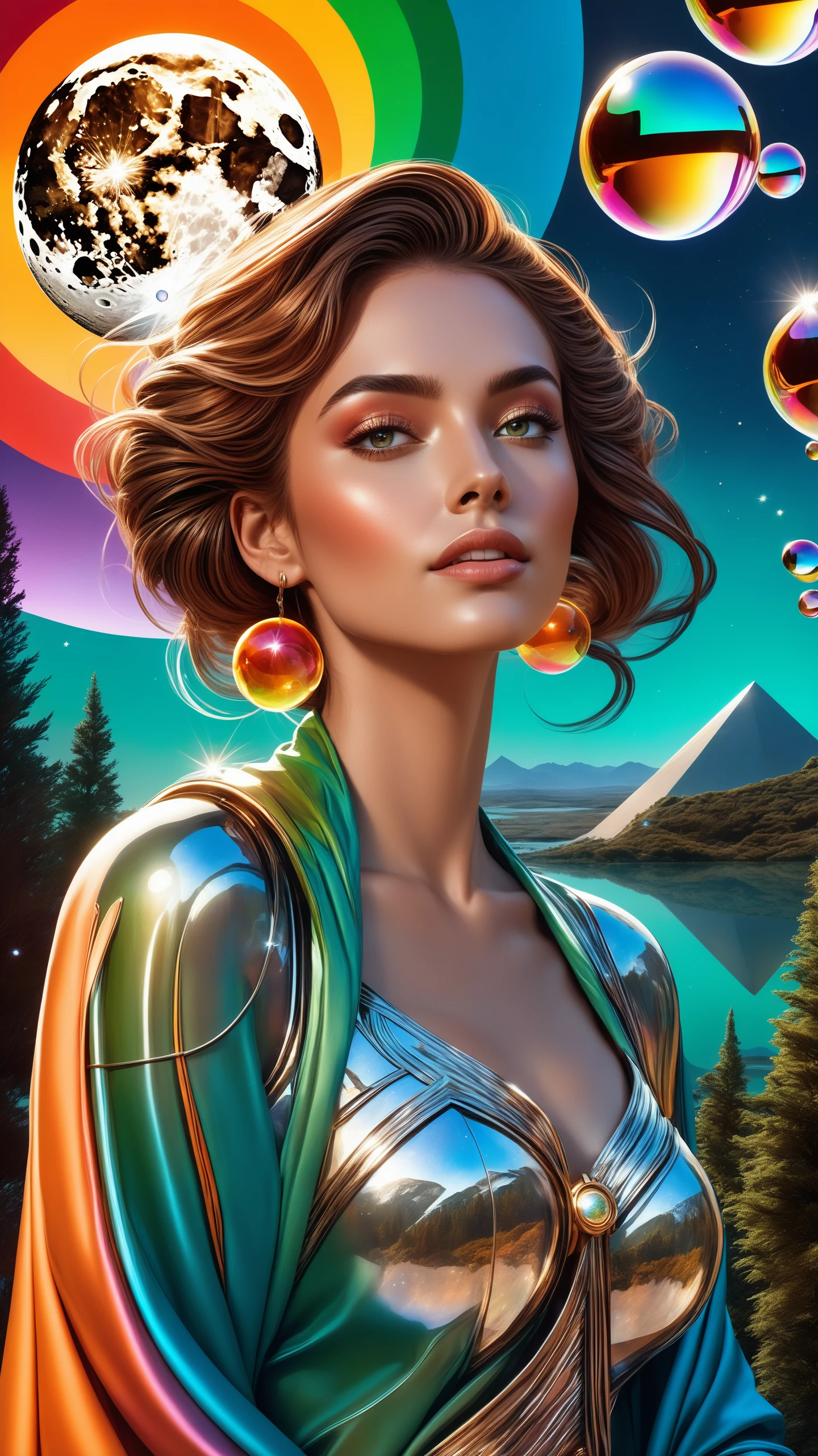 (1girl, thin anime girl:1.2), dark brown eyes, chestnut hair, mutton chops, (style-swirl magic:0.8), portrait, solo, half shot, looking down, detailed background, detailed face, sharp image, ultra realistic, (chronomancy theme:1.1), bubble-wizard, orange sorcerer robes, surrounded by light green bubbles, rainbow, floating orbs, large bubbles, floating sparkling particles, transclucent, glowing bubbles, swirling bubbles, graceful, bubbles in background, intricate patterns, starry sky, magical atmosphere, space, Egypt futuristic, (by Enki Bilal, methurlant) surreal, (hyper realistic:1), ((upper body selfie, happy)), masterpiece, best quality, ultra-detailed, solo, outdoors, (night), mountains, nature, (stars, moon) cheerful, happy, backpack, sleeping bag, camping stove, water bottle, mountain boots, gloves, sweater, hat, flashlight, forest, rocks, river, wood, smoke, shadows, contrast, clear sky, analog style, (warm hue, warm tone), methurlant Dean Cornwell A portrait of a female cyborg , organic armor, silver, (intricate, atmospheric, surreal, gritty, cinematic, stylized, contrast, comic, eerie, stylized, dystopian), (high contrast:1.1), (Reflected light:1.2), ultra detailed, (rainbow skin:1.3), (surrealism:1.1), (disturbing:1.1), (cottagecore), (futurism:1.2), impressionist, (detailed), (majestic:1.2), (breathtaking), (suggestive:1.3), (depressing:1.1), (cute:1.4), (enticing:1.4), (irresistible:1.4), disturbing, (fascinating:1.2), (magnetic:1.2), (color palette:crimson:1.1), (color palette:cerulean:1)