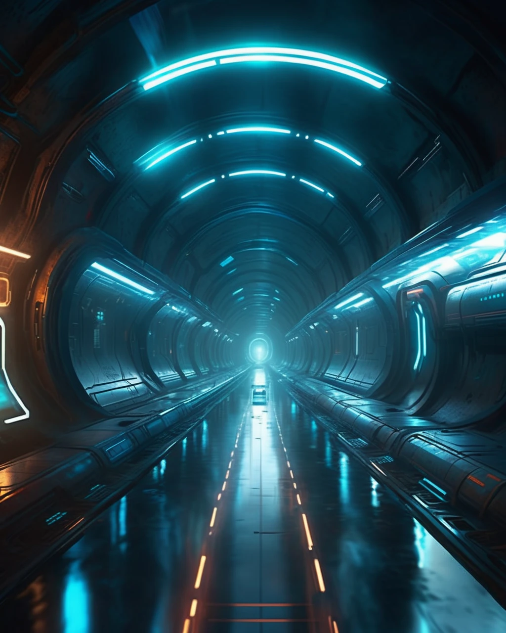 cinematic SCI-FI environment,  A hovering train glides through a subterranean tunnel, revealing a bioluminescent subterranean biome through transparent walls. , cyber sci-fi , <lora:Sci-fi_Environments_sdxl:0.8> , photorealistic, movie