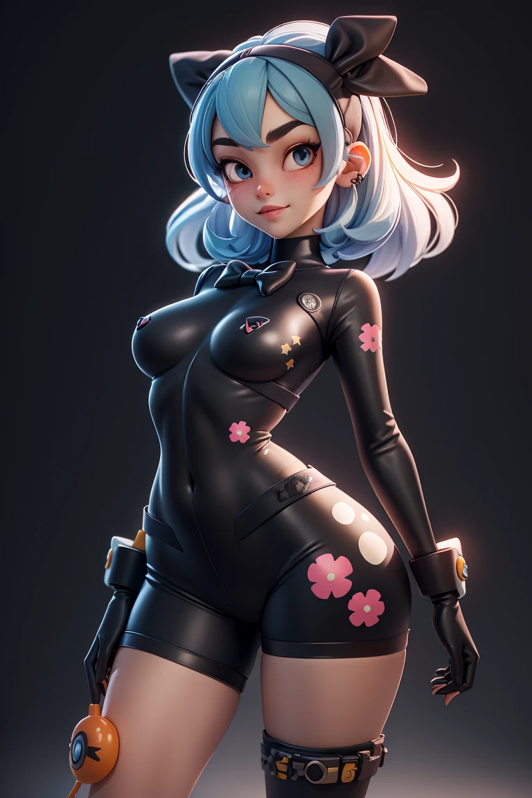 3dmm style,
(masterpiece, best quality), intricate details, 1girl, solo, <lora:SaitouV1:0.8> bea \(pokemon\), bow hairband, print shirt, tied shirt, black bodysuit, bodysuit under clothes, single glove, print shorts, knee pads, barefoot, cowboy shot, looking at viewer
