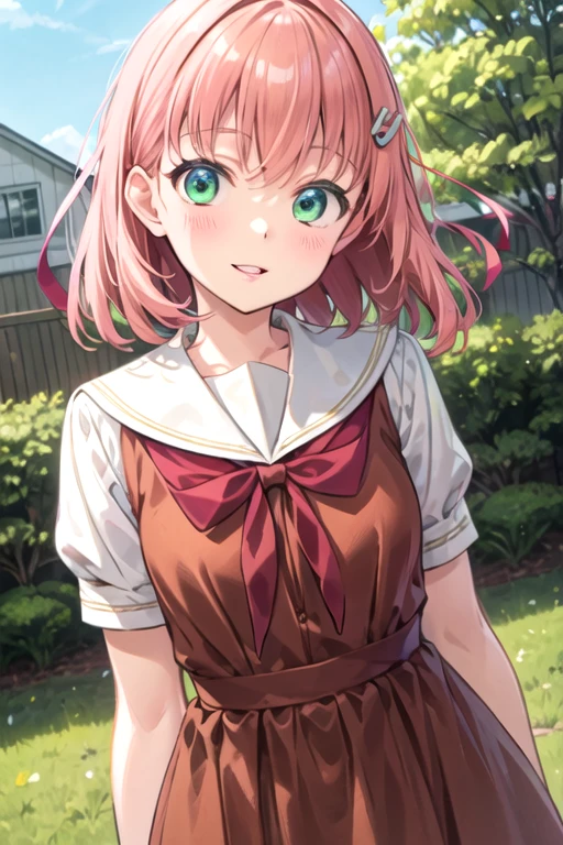 (masterpiece, best quality, ultra-detailed), (illustration), (beautiful detailed eyes), <lora:kaho_v2:0.66>,hinoshita kaho, (1girl), smile, parted lips, blush, (solo), pink hair, (short hair), green eyes, hairpin, small breast, brown dress, school uniform, brown sailor collar, red neck ribbon, standing, backyard,