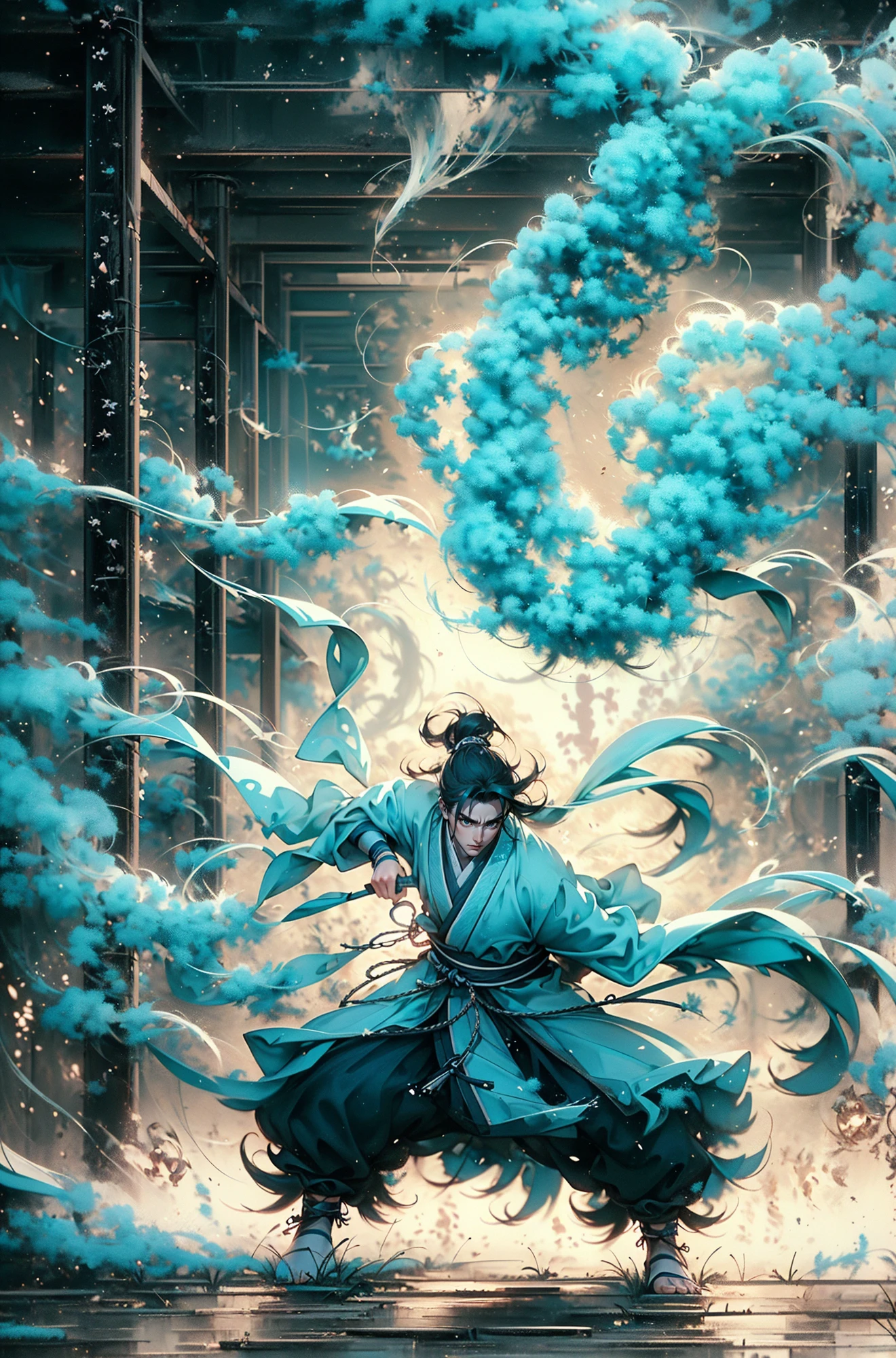 masterpiece, best quality, 32k, insane details, intricate details, hyperdetailed, hyper quality, high detail, ultra detailed, Masterpiece,martial artsChinese, realism,martial arts,play light and shadow,green lights and shadow,Bauhaus photography,28mm fantasy landscape,Camille Could,Selective focus,Panorama,Ultra-realistic illustrationsREALISTIC 3D, ULTRA DETAILEDBlender, C4D, high detail, high resolution,
A young man in ancient China,dressed in white Hanfu,surrounded by gas fumes in battle,martial arts action portraits,Gopro,motion blur,long exposure,full body,delicate feature,high aesthetics and high art,immersed ina cinematic atmosphere,with an unreal portrait style,paulina washington
<lora:~Q?-kfOmartial arts:0.95>
