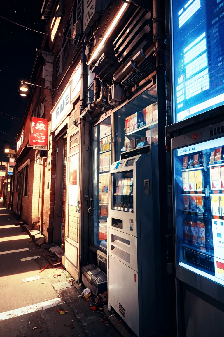 (masterpiece, best quality:1.3), <lora:GoodHands-beta2:1>, 1girl, <lora:clothesUpdate:0.3>, white hair, very long hair, messy hair hair over eyes, black eyes, streetwear outfit BREAK scenery, alley, vending machine, trash can, air conditioner, night sky, windows, gloomy light, wide shot